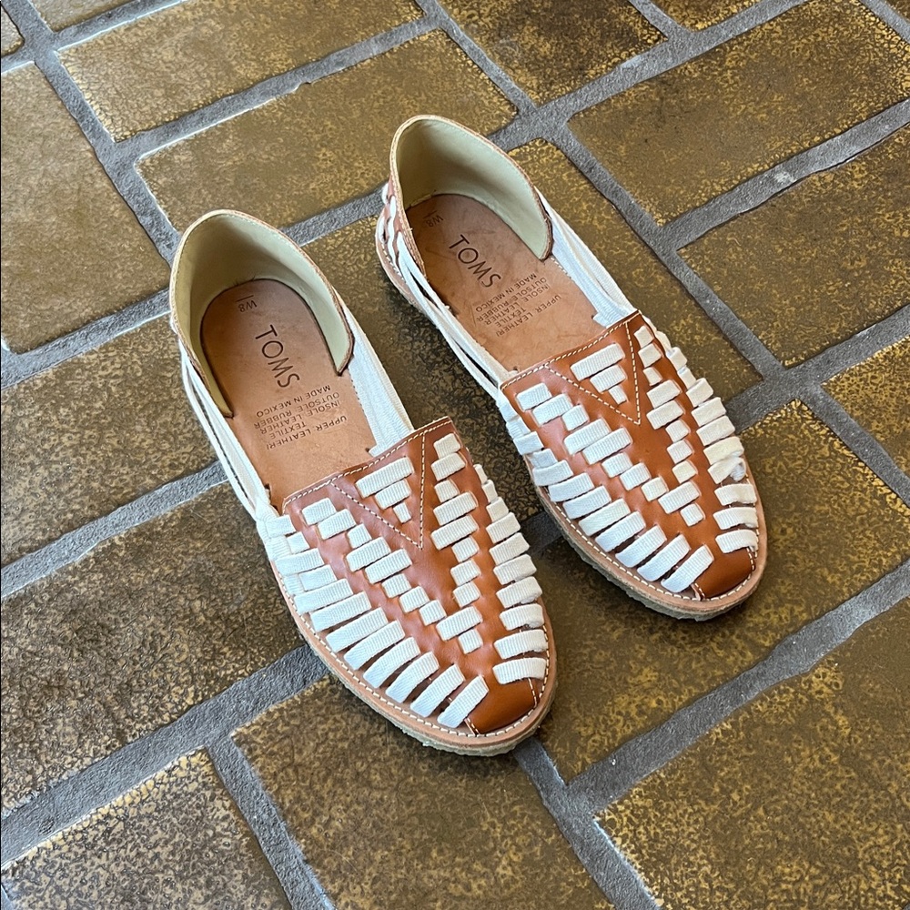 Toms Woven Leather Huarache Sandals in Brown and White
